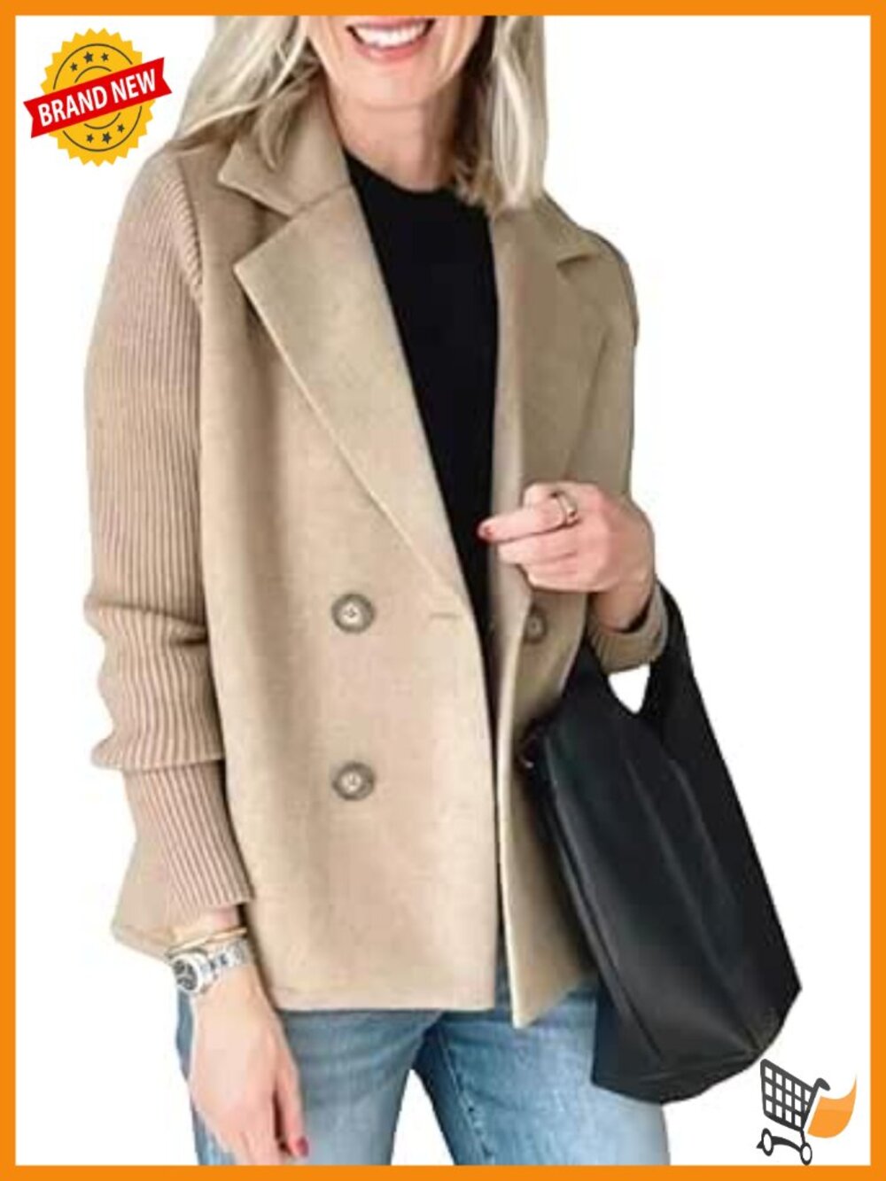 Cropped Wool Blend Knit Sweater Blazer Double Breasted Pea Coat